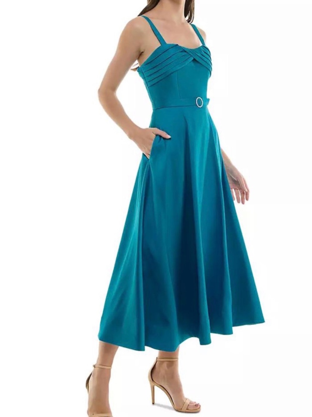Taylor Teal Strappy A-Line Midi Dress with Belt